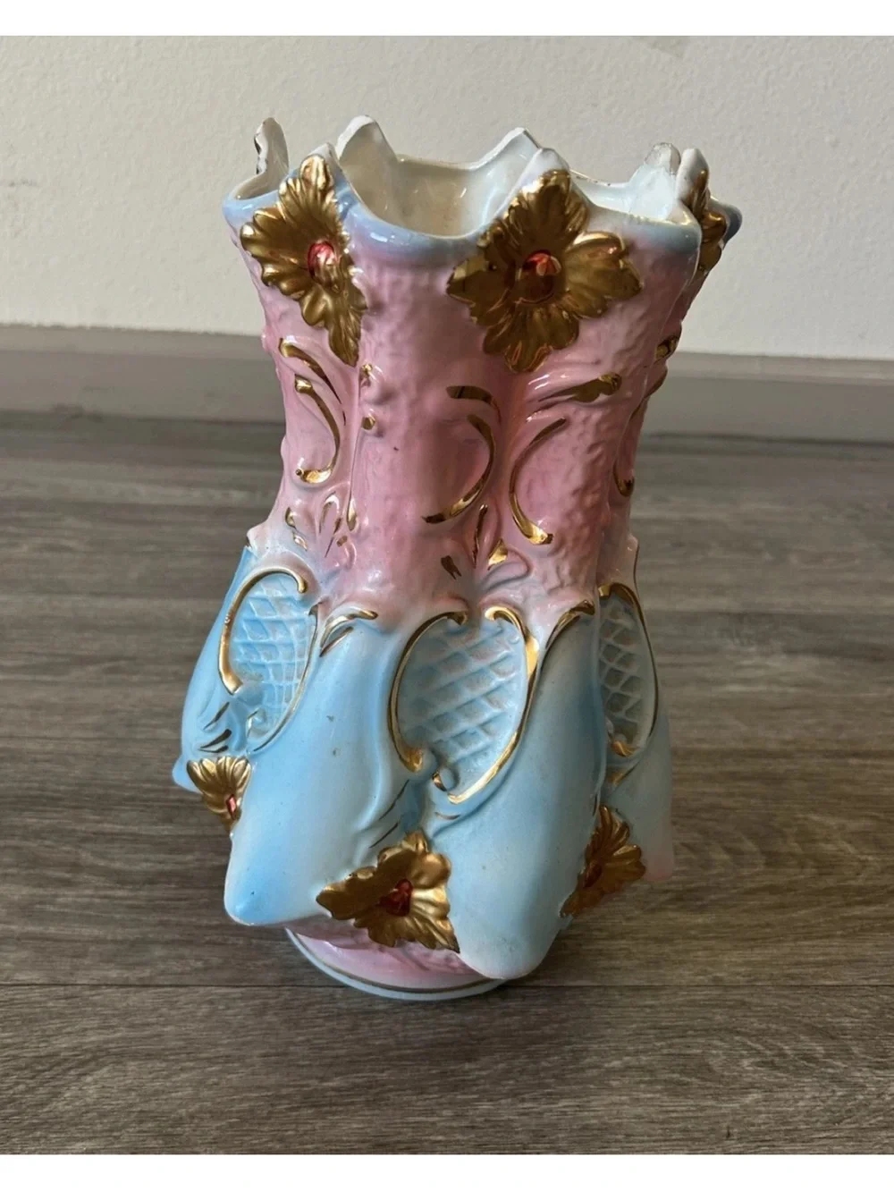 Vintage Italian Hand Painted Ceramic Vase Pink Blue Gold Gilt 12.5”